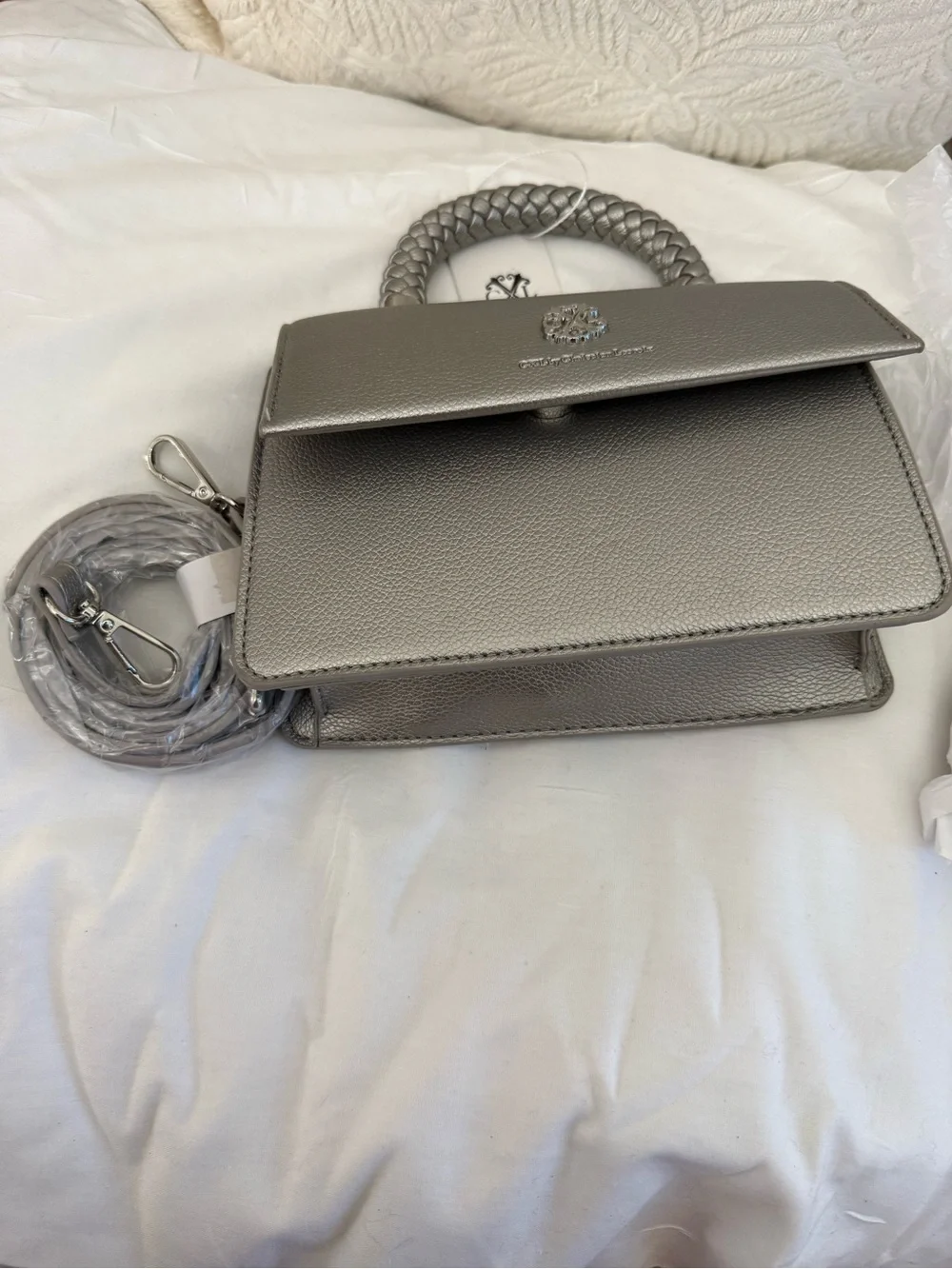 Silver Top-Handle Faux Leather Satchel